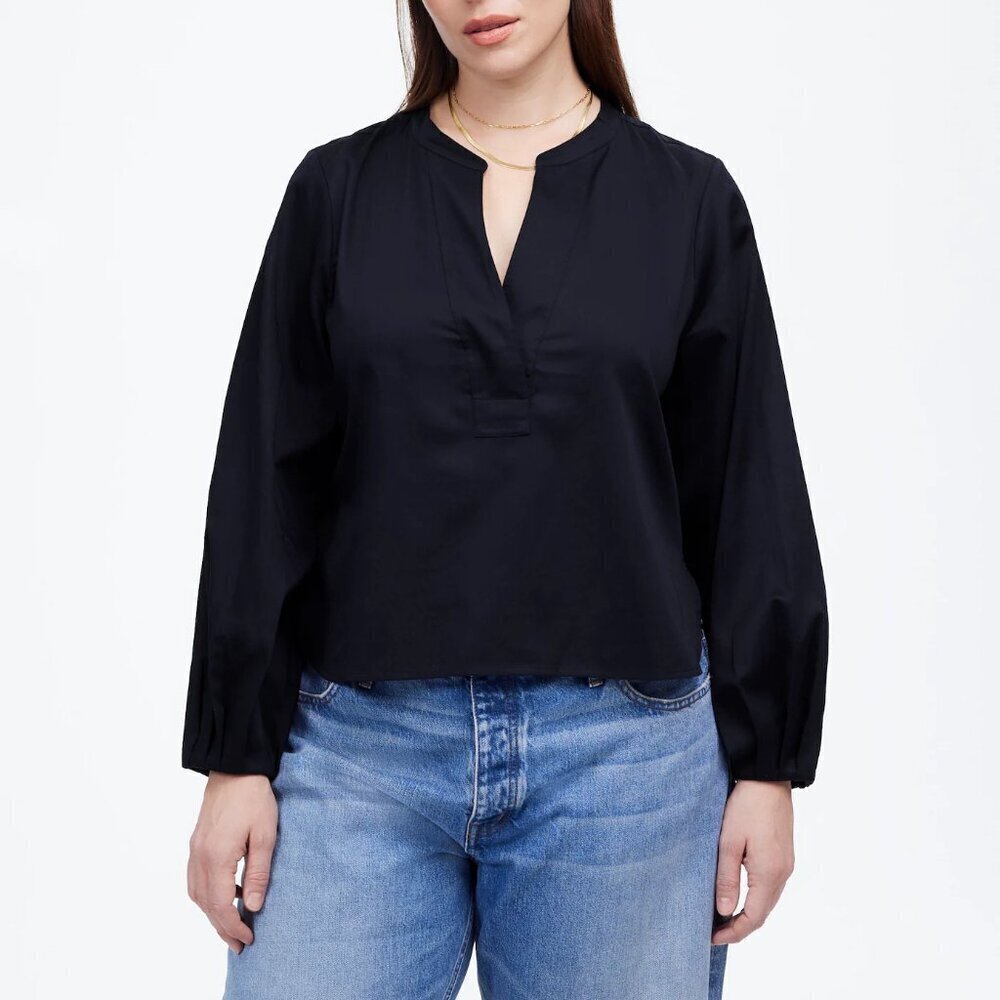 Madewell V-Neck Long Sleeve Cotton Sateen Top Deep Indigo Size Xs Nwt